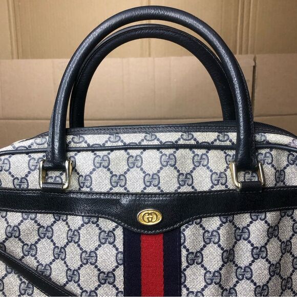 GUCCI GG Supreme Navy Leather Ophidia Sherry Line Coated Canvas Travel Work Bag - Picture 4 of 17